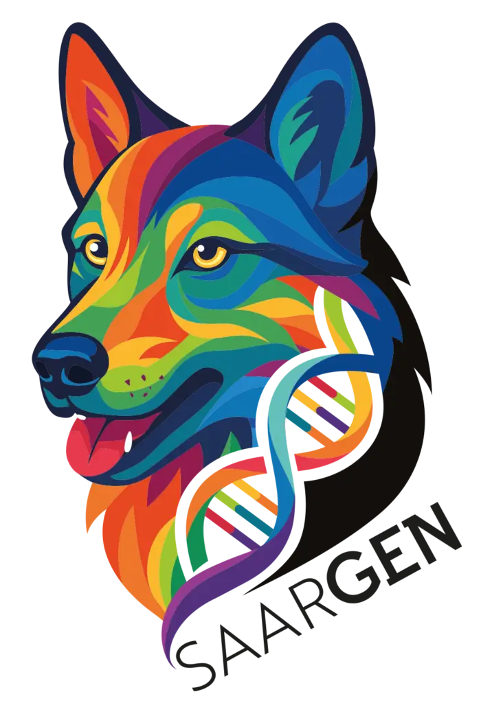 Logo SaarGen avec tête de chien-loup de Saarloos multicolore.