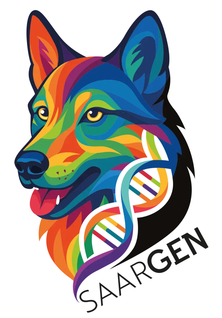 Logo SaarGen avec tête de chien-loup de Saarloos multicolore.