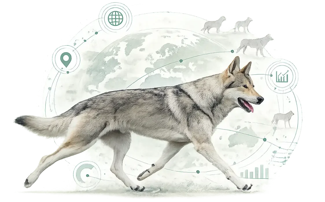 Au premier plan, un chien-loup de Saarloos aux allures. Une carte du monde est au second plan.
