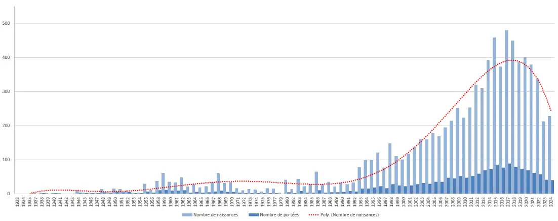 Evolution des naissances de chiens-loups de Saarloos en Europe de 1933 à 2024