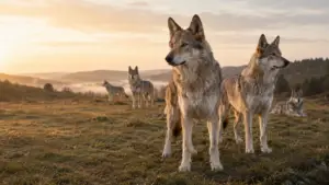 A pack of Saarloos wolfdogs at the top of a hill at sunrise