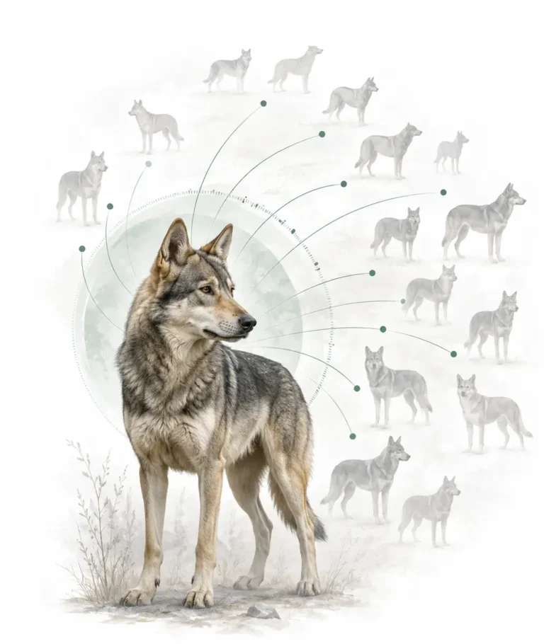 Illustration conceptuelle montrant un reproducteur fortement représenté dans une population canine et l’influence génétique progressive de sa lignée.