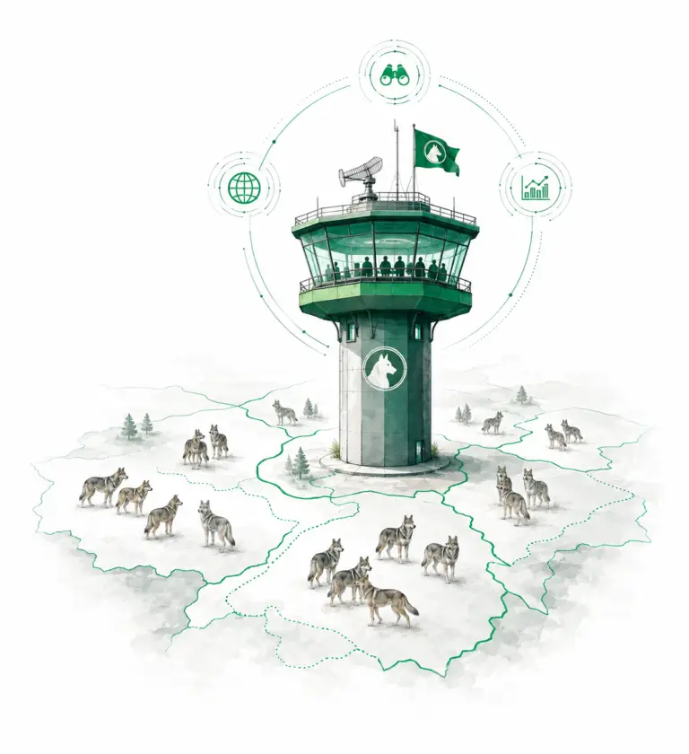 Représentation d'une tour d'observation au-dessus de populations canines pour illustrer le rôle moderne que devrait avoir aujourd'hui un club de race.