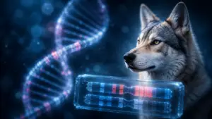 Saarlooswolfdog head against a background of DNA and ROH.