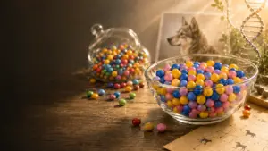 A bowl of genetic diversity on a table in front of a photograph of a Saarlooswolfdog.
