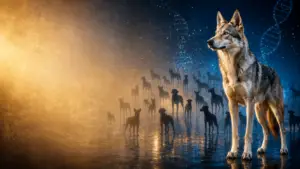 A Saarlooswolfdog standing in front of prospective outcross donors.