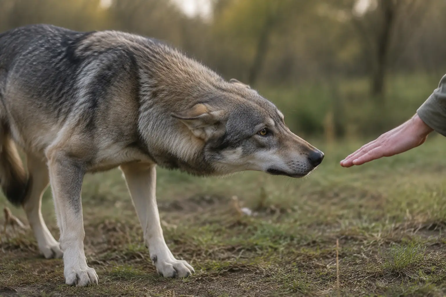 Comportement réservé d'un chien-loup de Saarloos face à un inconnu.