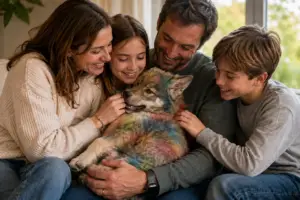 A SaarGen puppy in the arms of its adoptive family