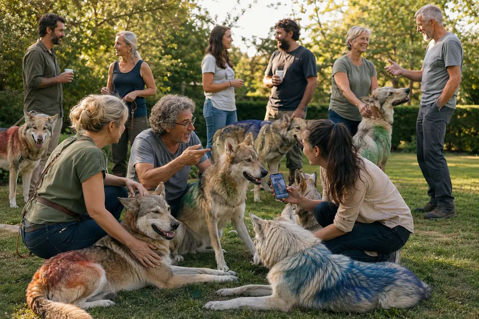 Des adoptants de chiens issus du programme SaarGen discutent entre eux à l'extérieur accompagnés de leurs chiens SaarGen