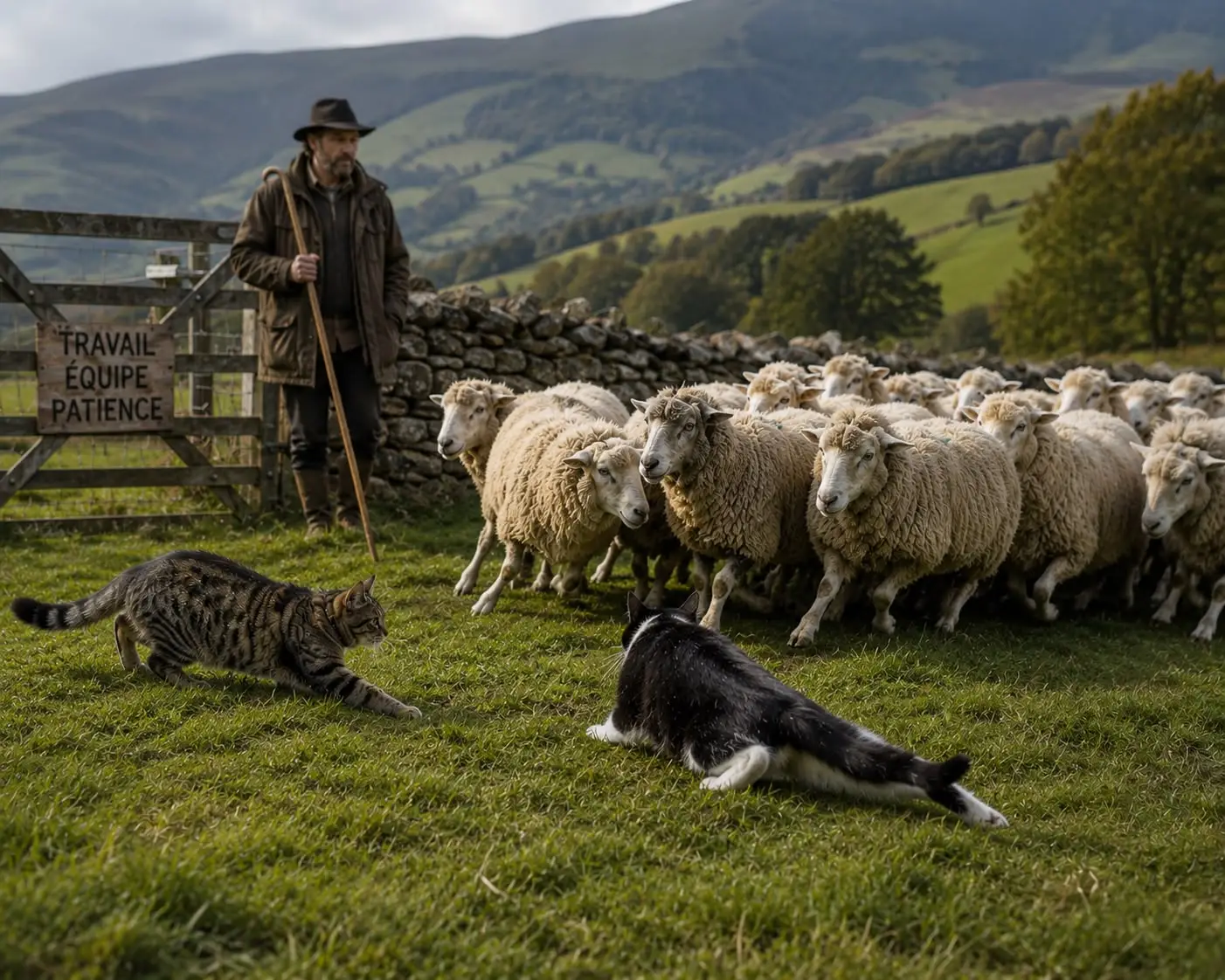 Deux chats s'essayant au travail au troupeau de moutons sous les yeux de leur berger.