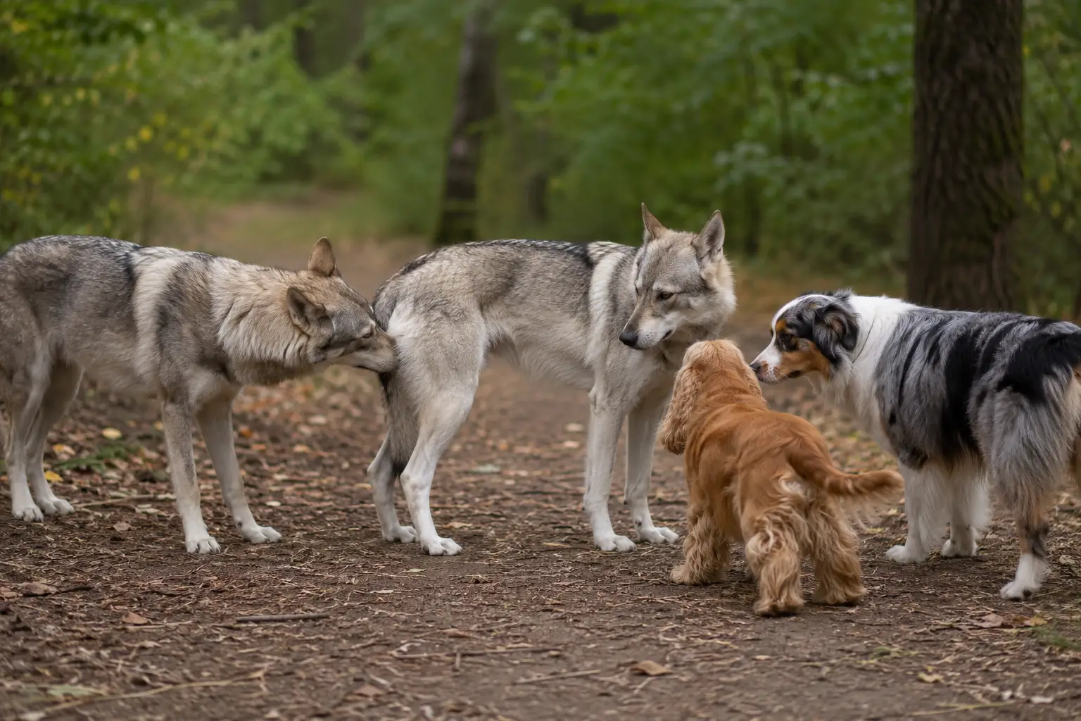 Un chien-loup de Saarloos en interaction avec d'autres chiens de races différentes autour de lui.