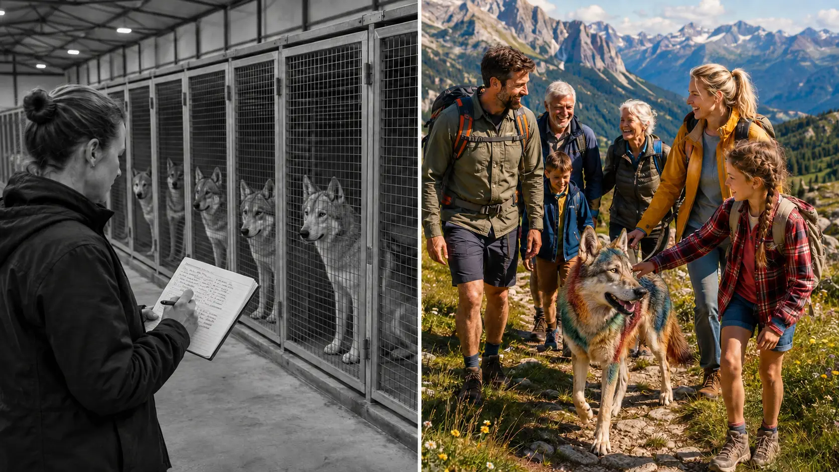 Deux images côte à côte qui montre la différence entre un chien-loup de Saarloos de chenil et un chien-loup de Saarloos de famille