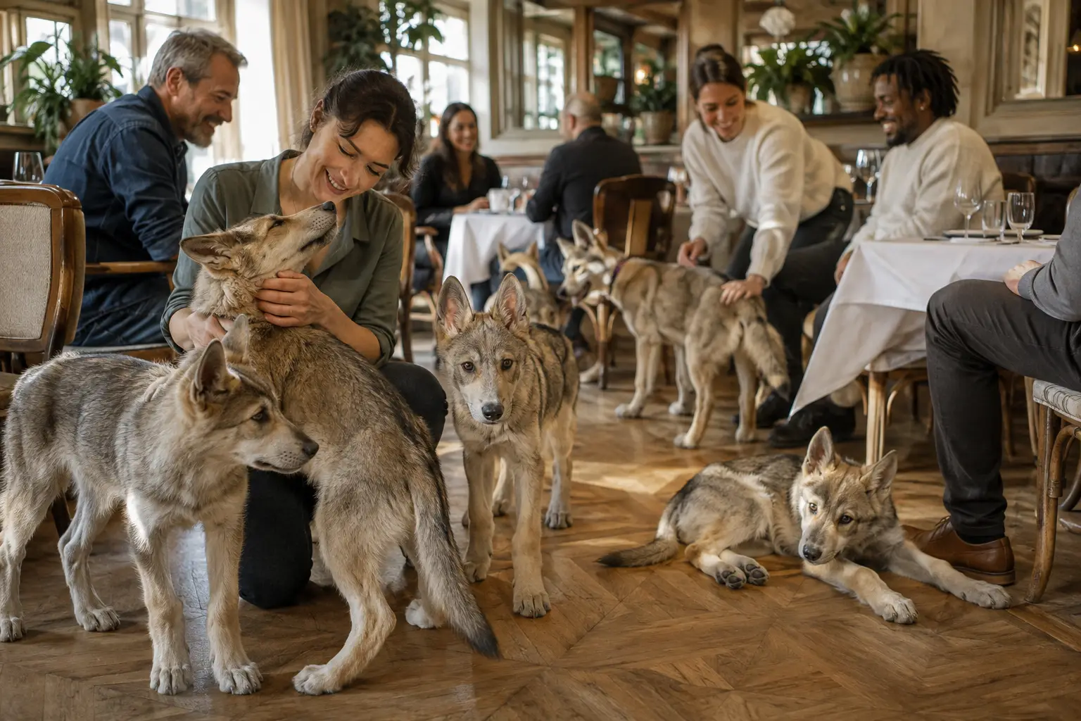 Des humains et leurs chiens-loups de Saarloos dans un restaurant