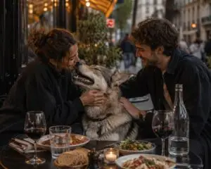 A Saarlooswolfdog sitting with its owners at an outdoor restaurant table on a city street.