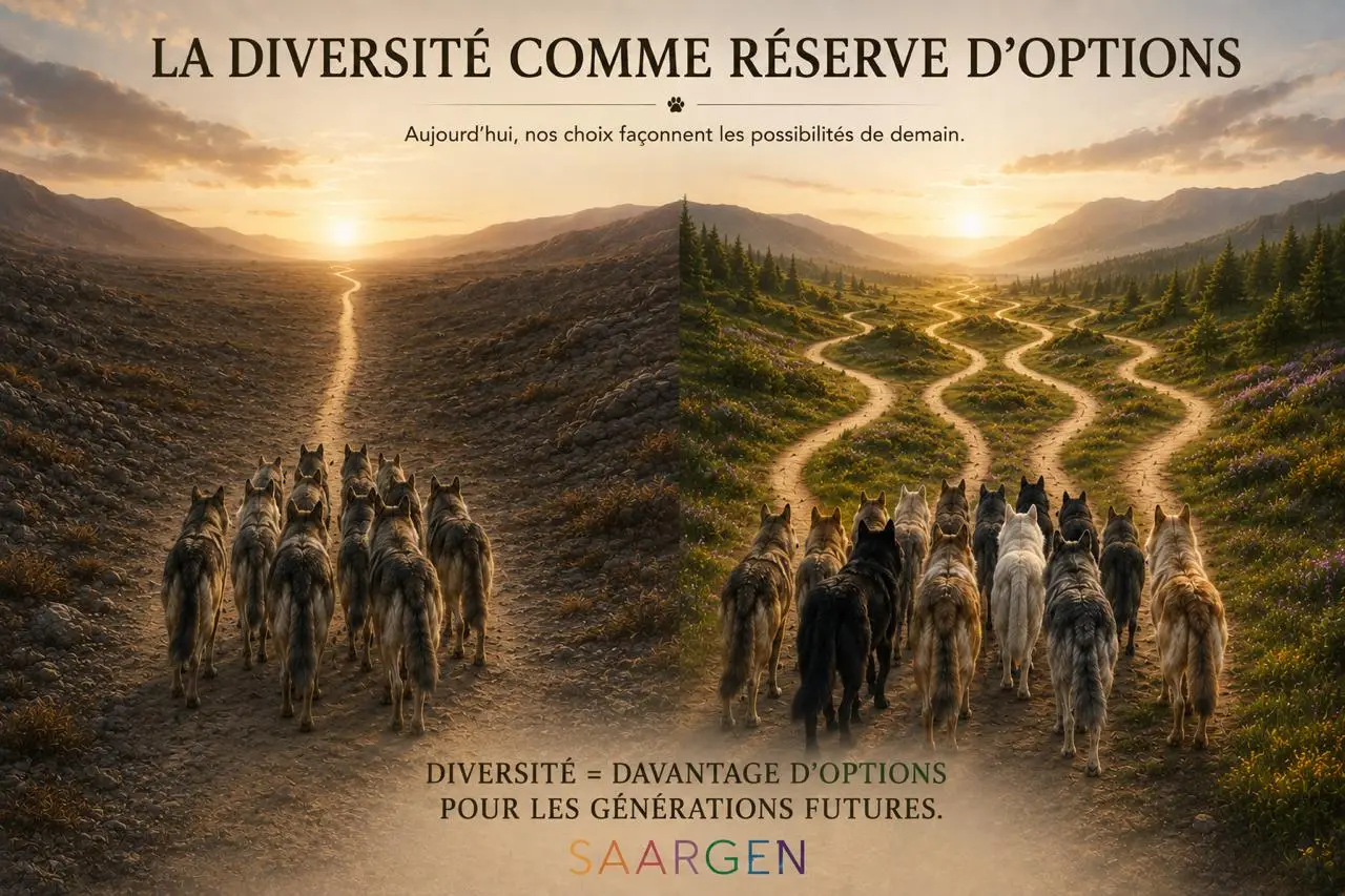 Deux groupes de chiens, chacun devant des chemins différents ; l'un n'a qu'une seule possibilité et l'autre en a plusieurs. Illustration de la diversité génétique chez le chien de race.