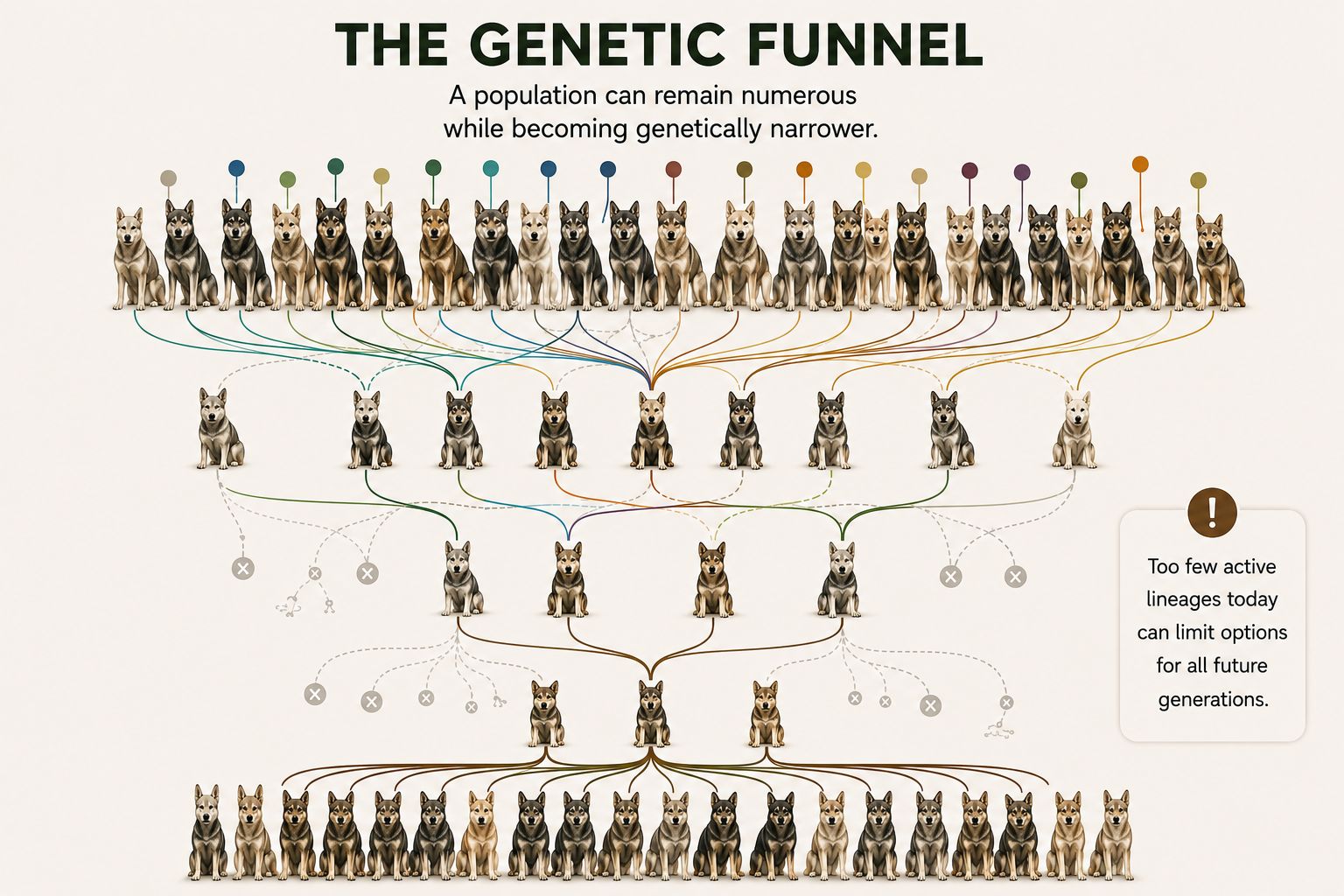 Genetic diversity in dogs: the bottleneck of a large but genetically narrow population.