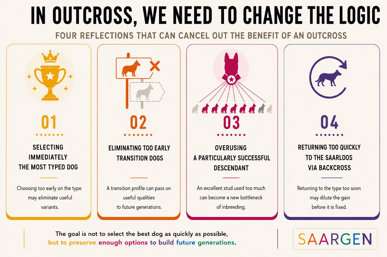 In a outcross program for dogs in the breed category, you must switch to a different software program and not use the same selection criteria as in the standard breed program.
