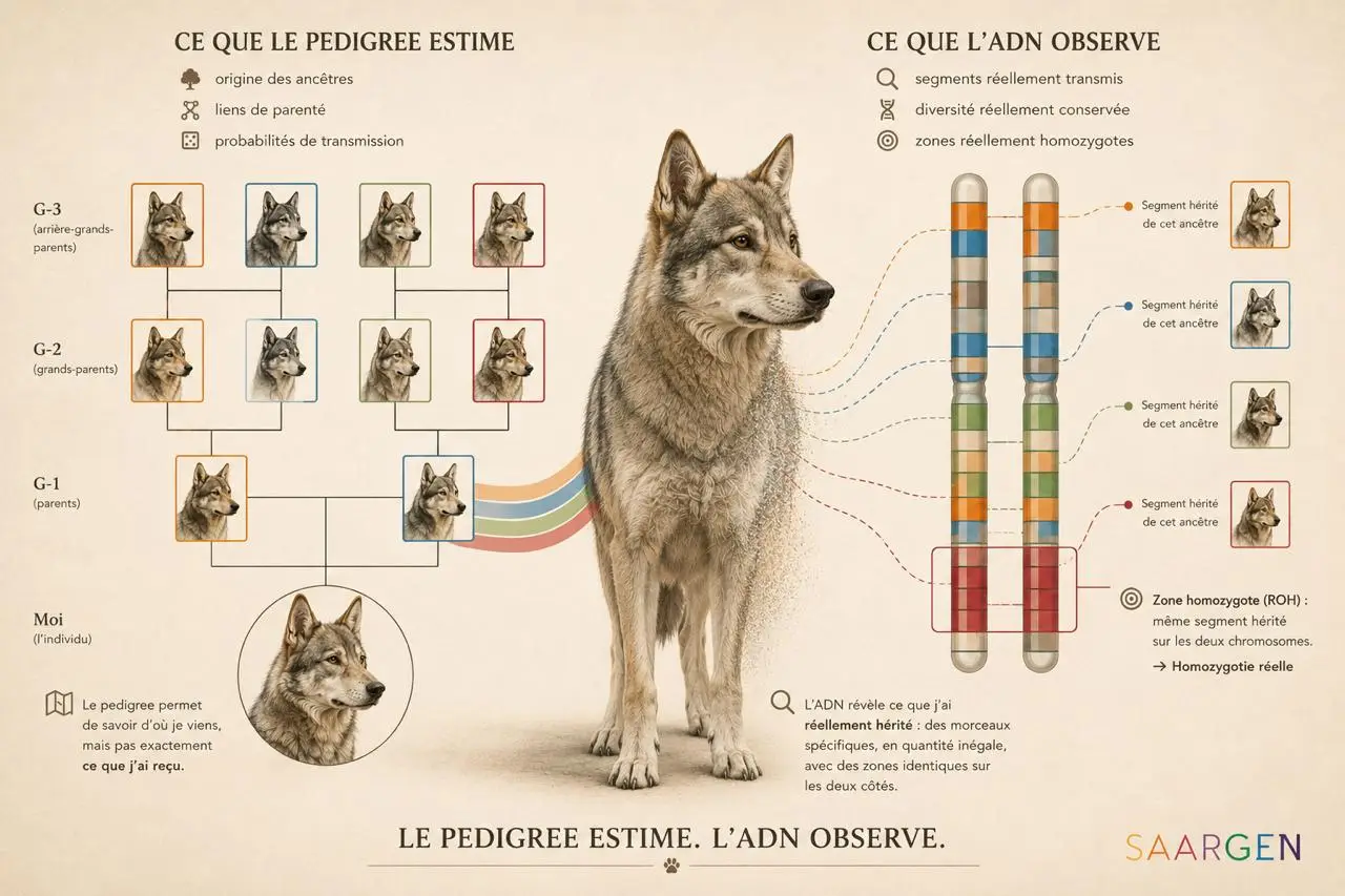 Image montrant à gauche les informations données par un pedigree et à droite les informations données par les ROH. Les ROH donnent des informations supplémentaires au pedigree.