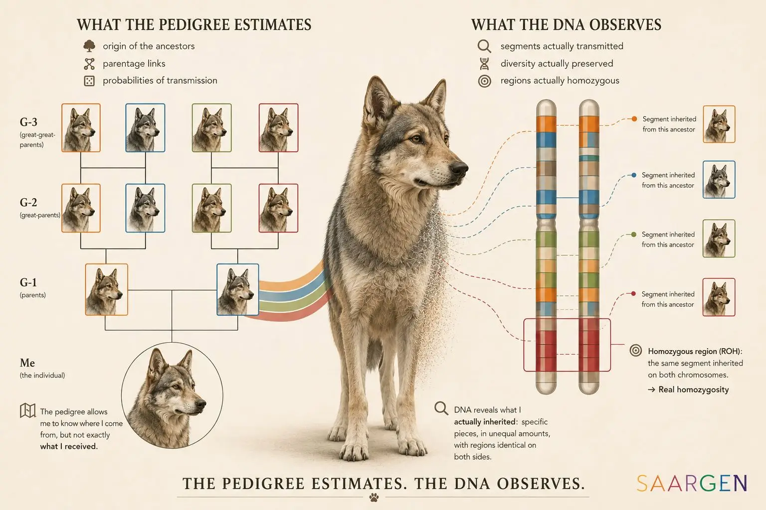 Image showing, on the left, the information provided by a pedigree and, on the right, the information provided by the ROH. The ROH provides additional information beyond what is found in the pedigree.